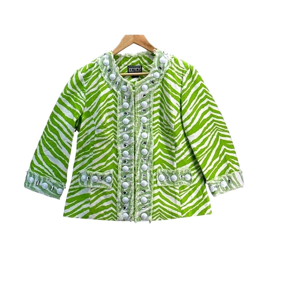 Berek Lime Green & White Zebra Cotton‎ Beaded Gem Jacket Size 1XL Preppy
